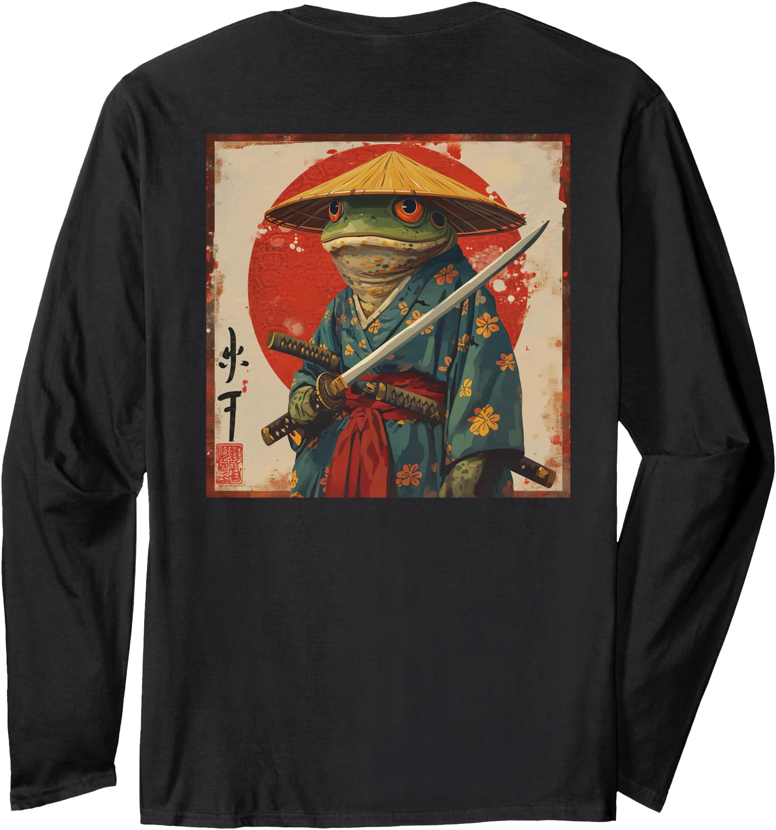 Japanese Woodblock Art: Samurai Frog Japanese kanji on back Long Sleeve