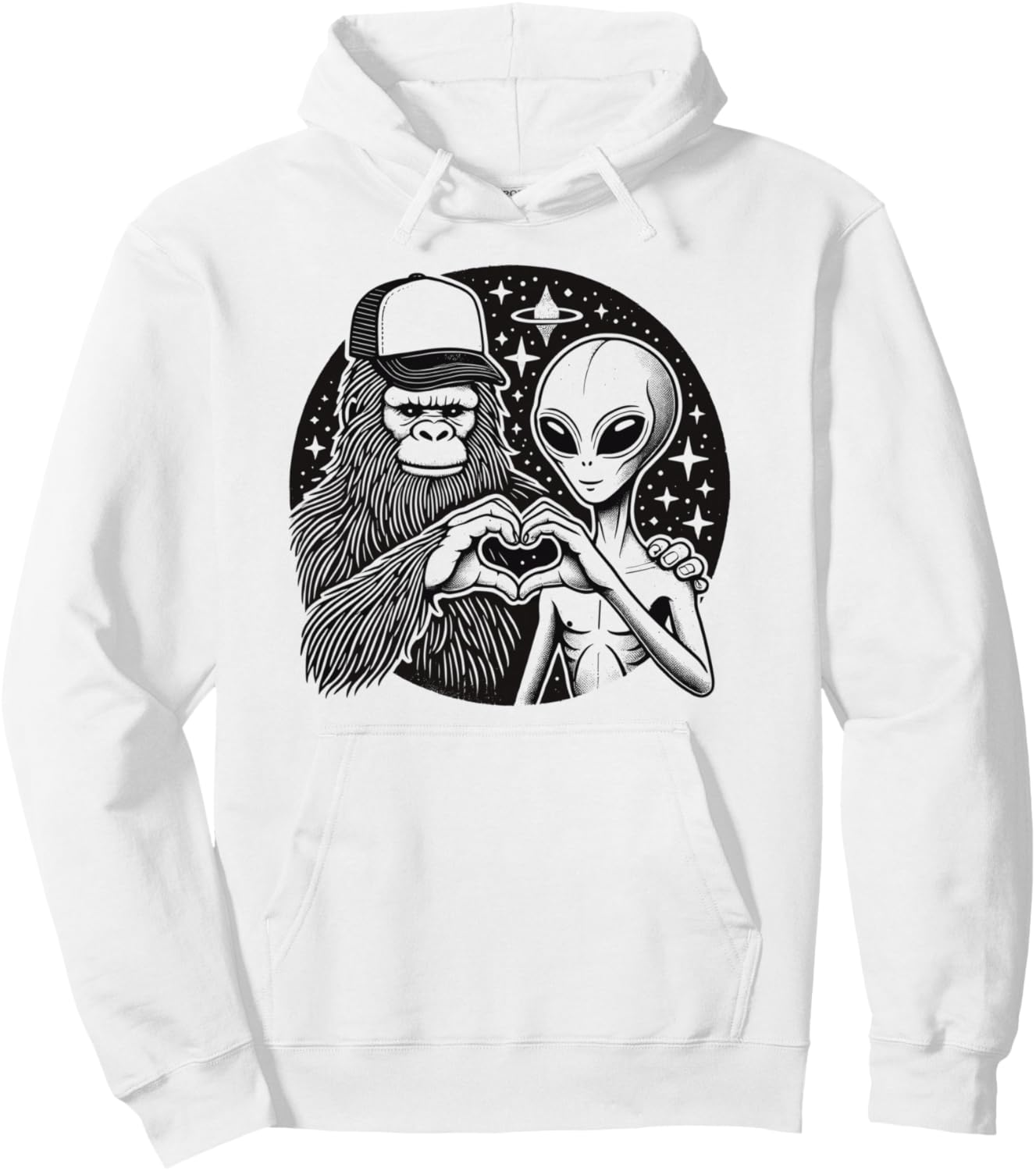 Bigfoot & Alien, Hand Heart Sign & Love, Funny Sasquatch Pullover Hoodie
