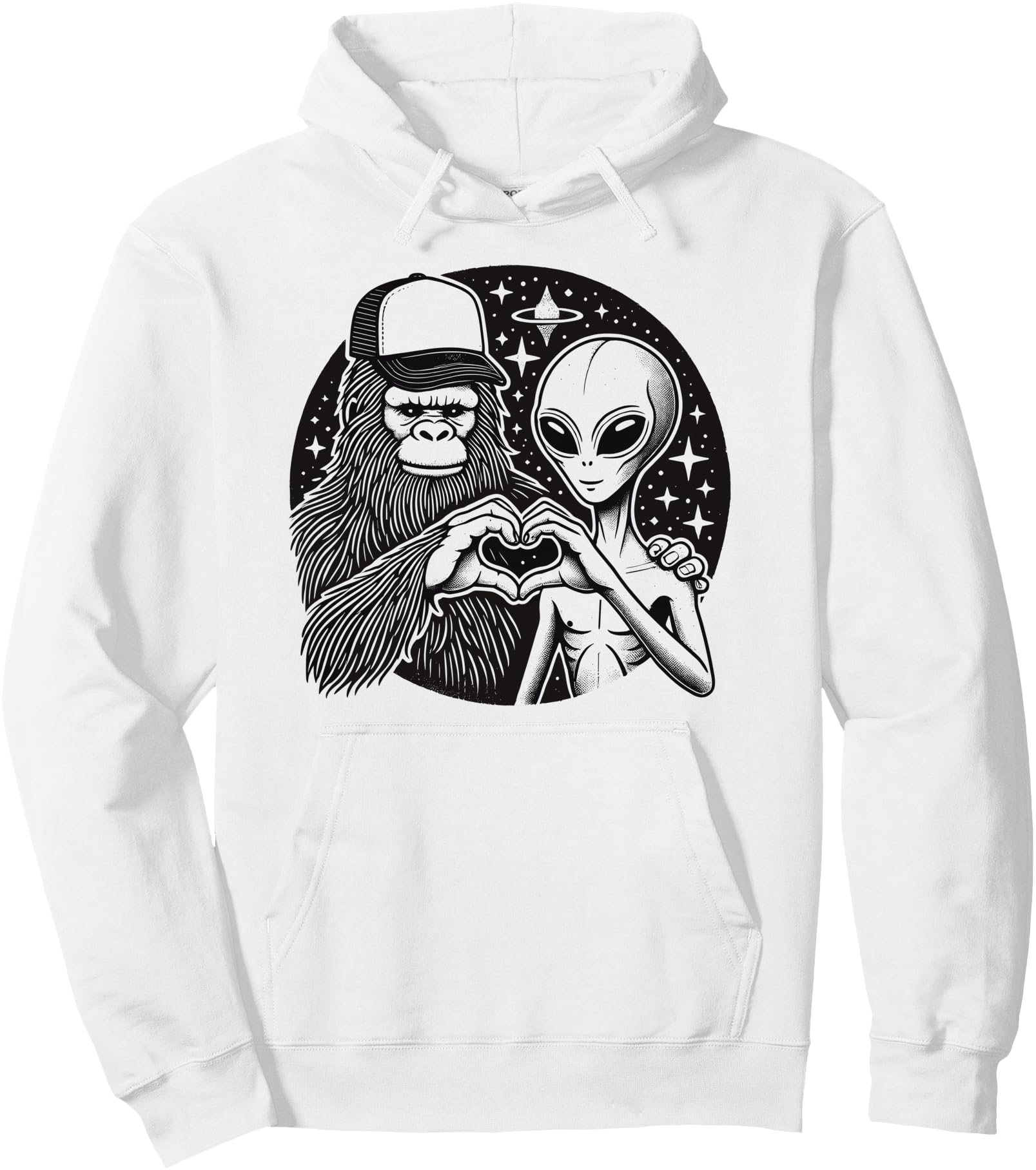 Bigfoot & Alien, Hand Heart Sign & Love, Funny Sasquatch Pullover Hoodie