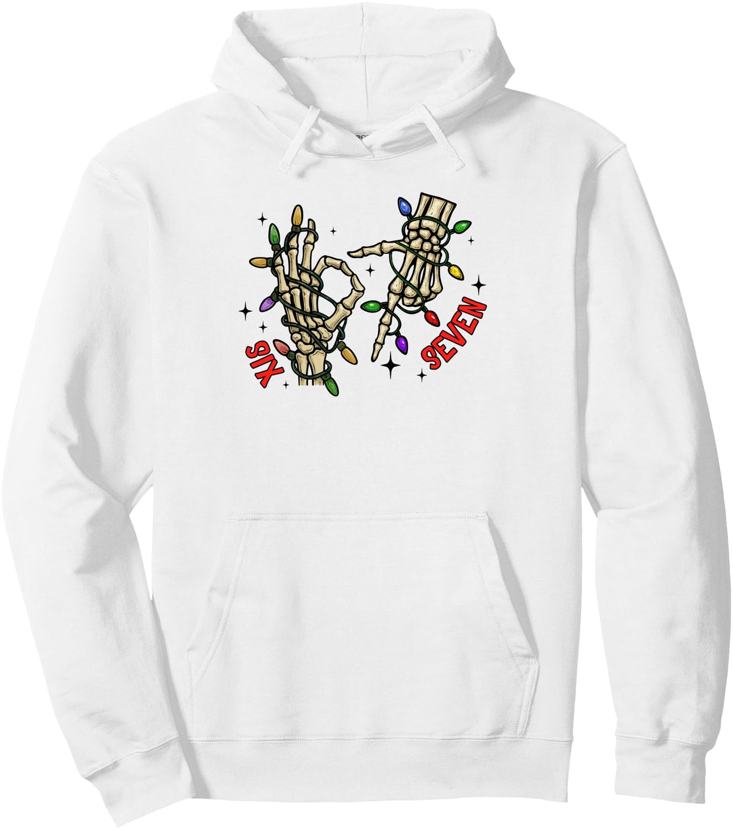 67 Six Seven Meme Funny Skeleton Hand Christmas Lights Pullover Hoodie