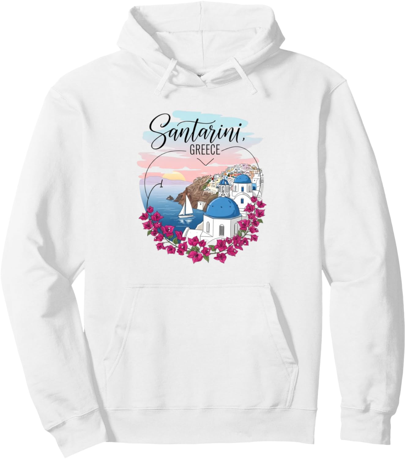 Santorini Greece Sunset Floral Art Travel Souvenir Pullover Hoodie