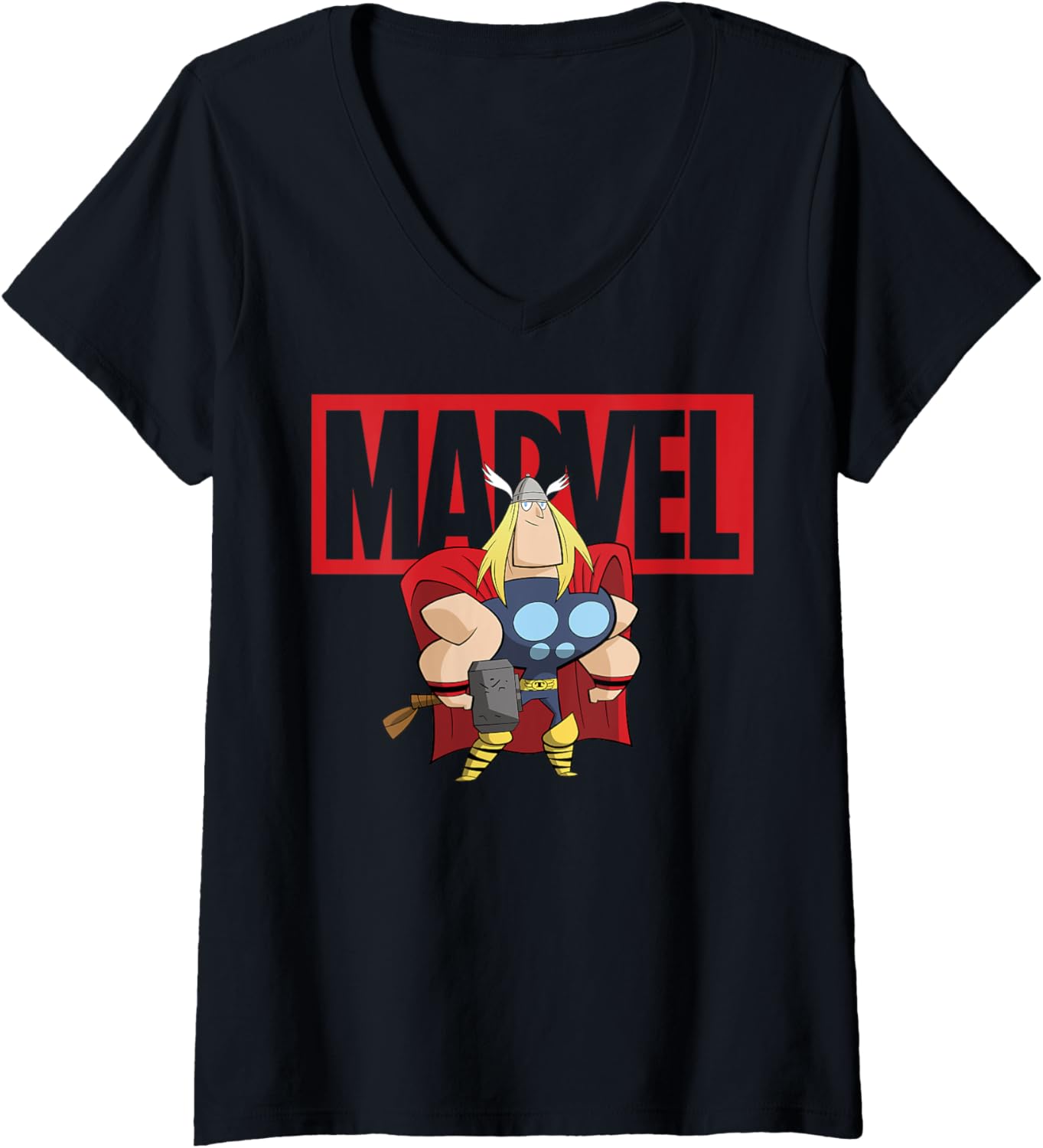 Marvel Thor Chibi Smiling Calm Stance Logo Outline V-Neck
