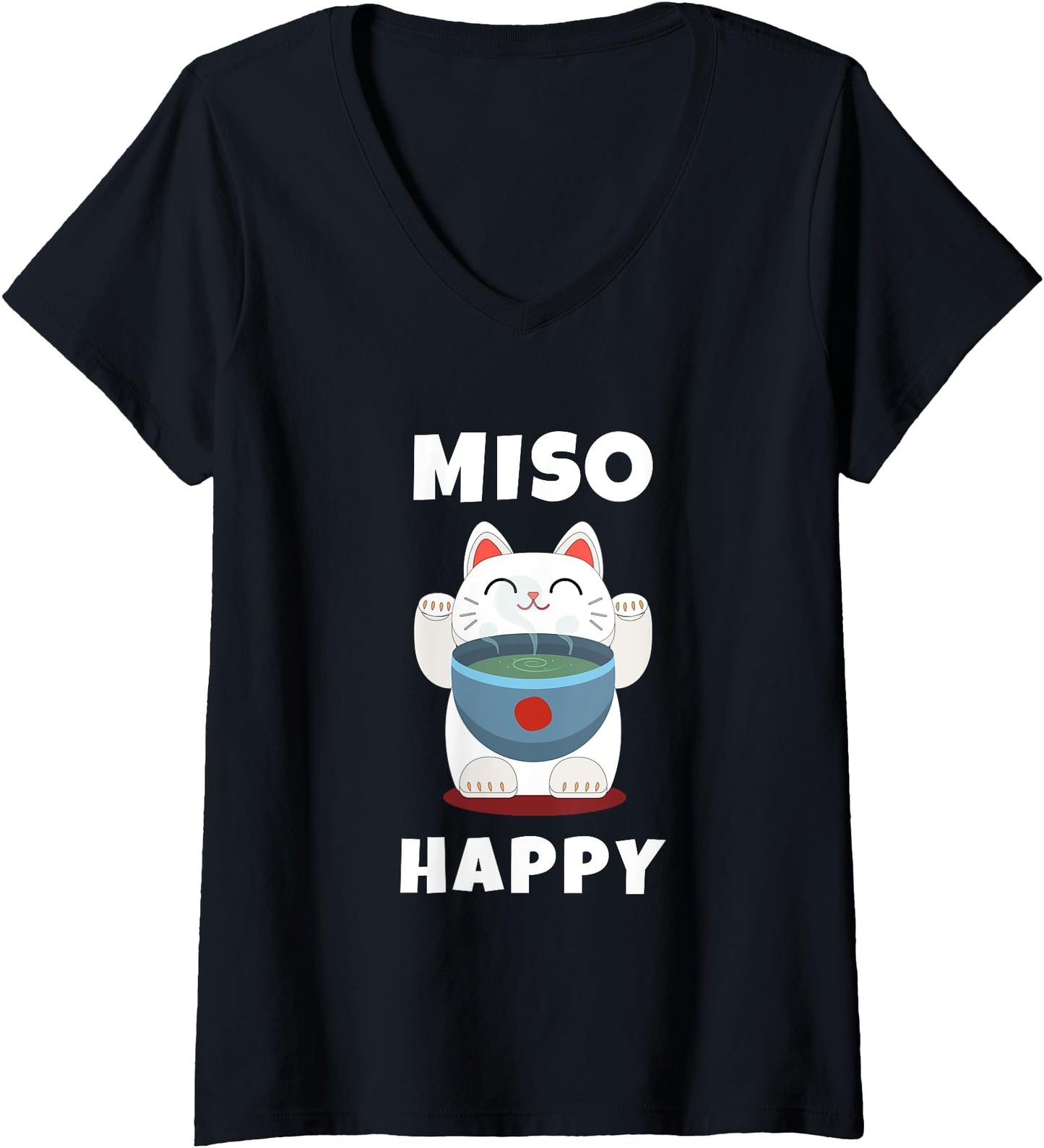 Womens Miso Happy Cute Japanese Food Art Anime Cat Miso Happy V-Neck