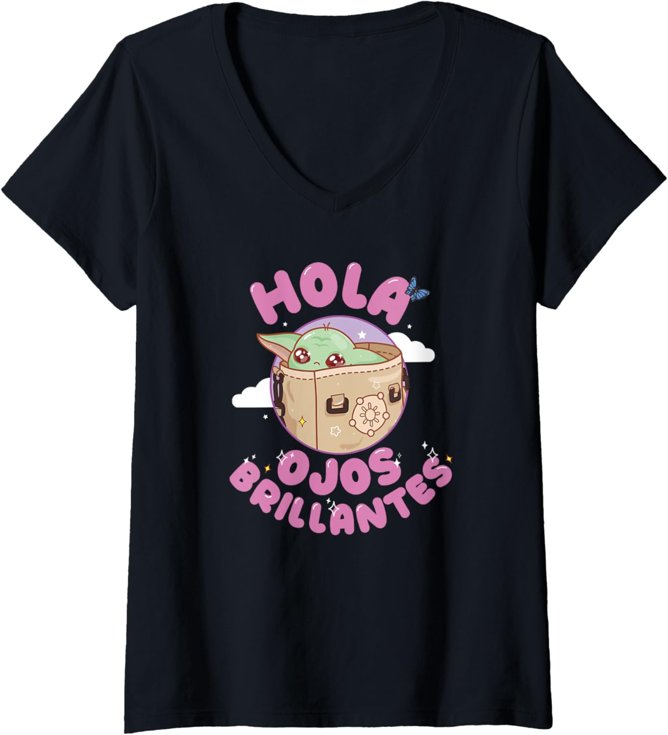 Womens Star Wars The Mandalorian Hola Ojos Brillantes Chibi Disney+ V-Neck