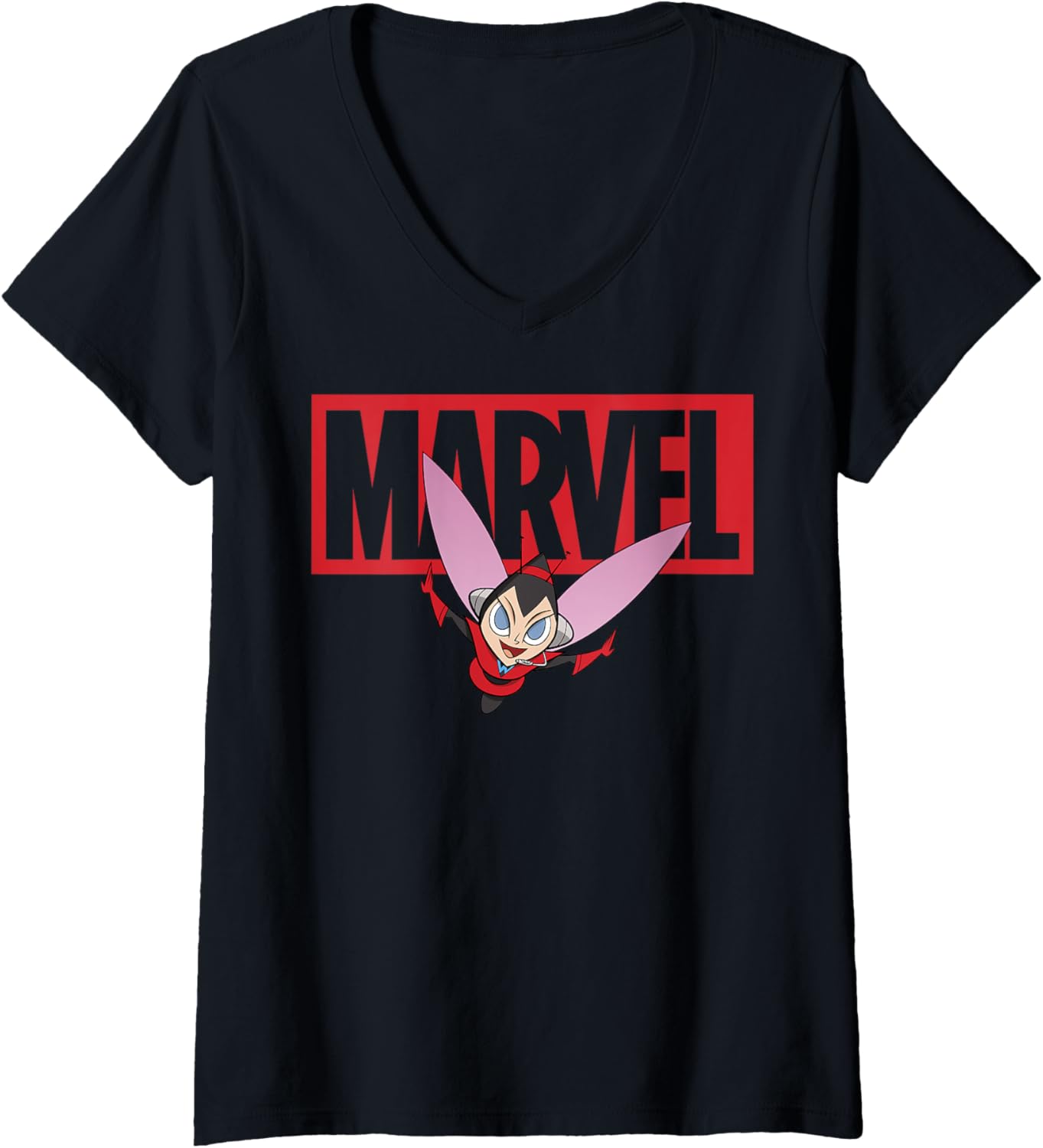 Marvel Wasp Chibi Action Pose Logo Outline V-Neck
