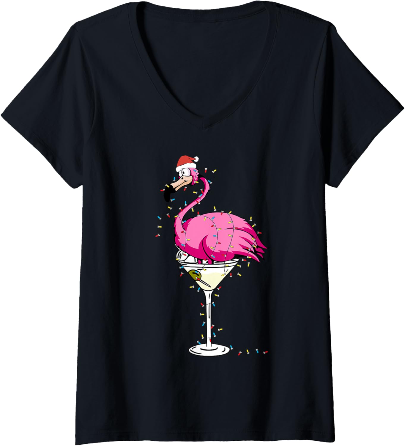 Christmas Pink Flamingo in Glass Wine Drinking Xmas Lights V-Neck
