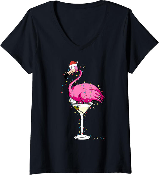 Christmas Pink Flamingo in Glass Wine Drinking Xmas Lights V-Neck