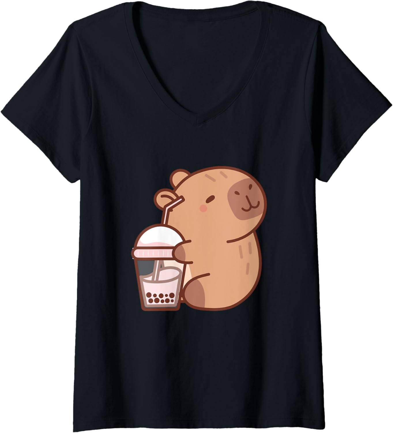 Womens Cute Kawaii Capybara Boba Tea Lovers Chibi V-Neck