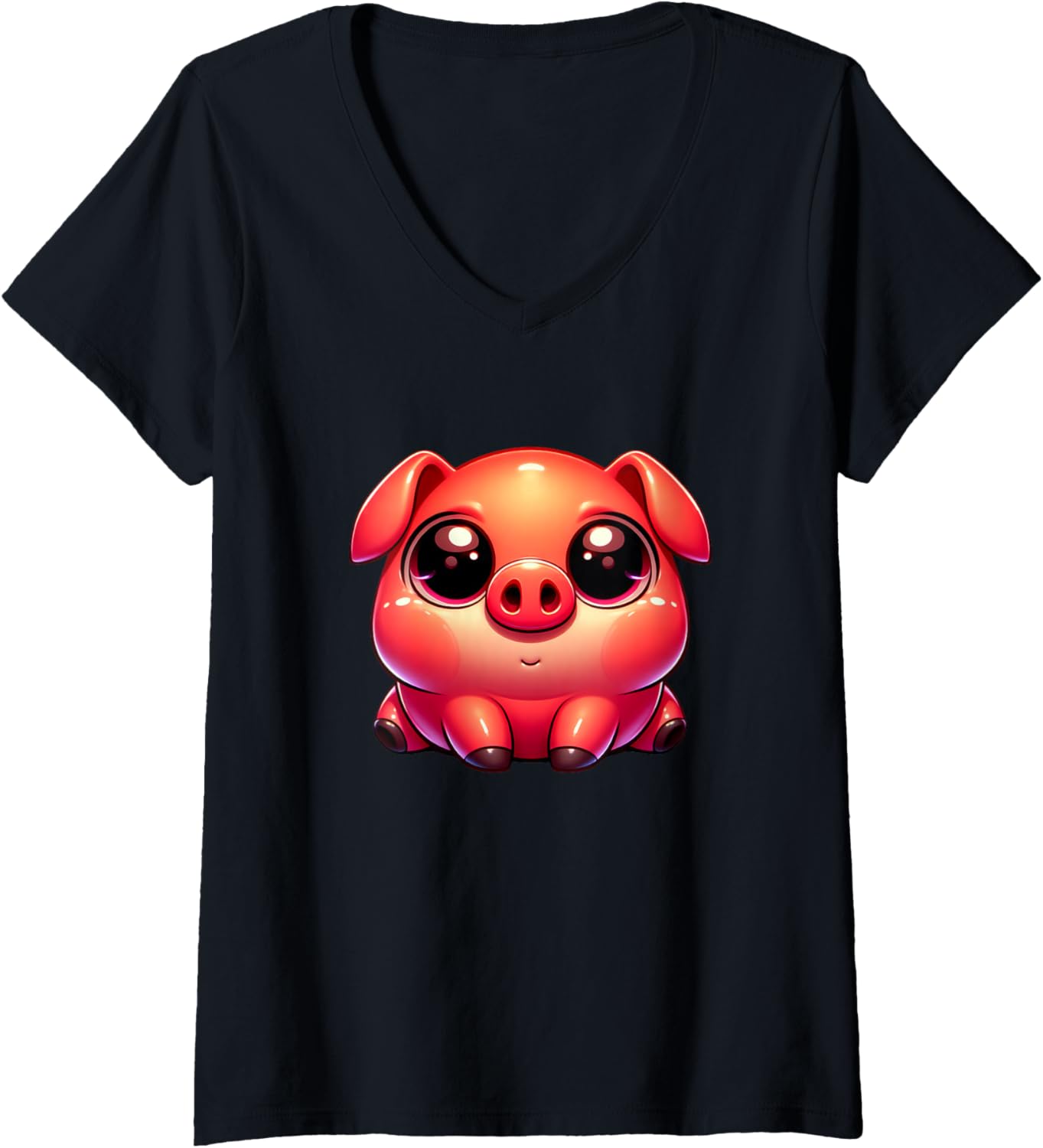 Womens Adorable Kawaii Cute Piglet Sitting Design Chibi Pig V-Neck