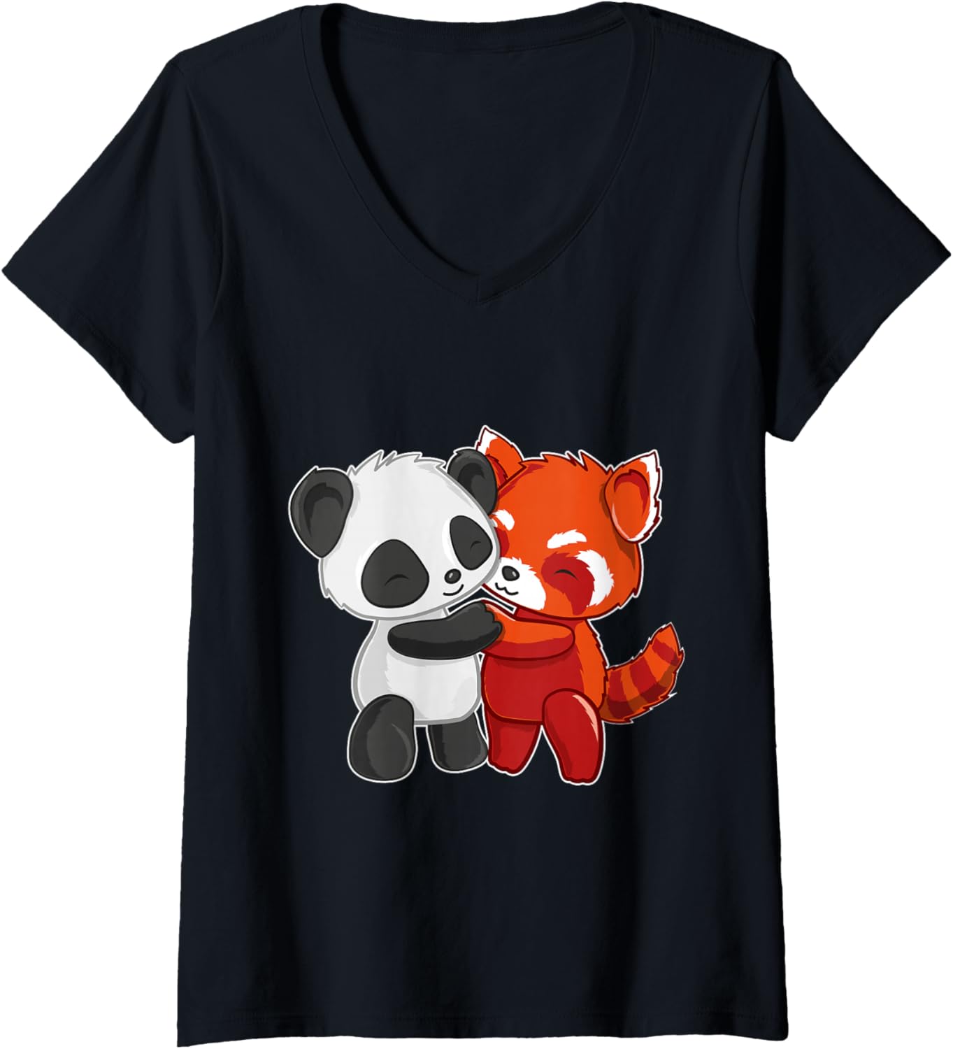 Womens Chibi Panda Bear Hugs Red Panda - Cute Kids V-Neck