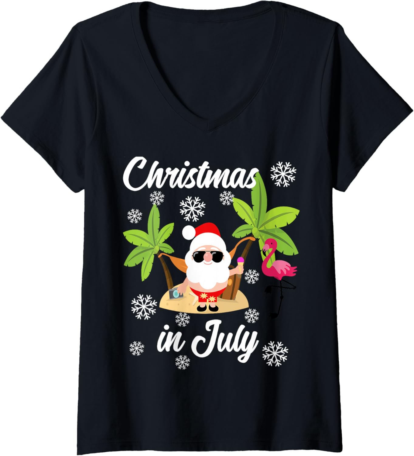 Christmas in July Funny Summer Flamingo Hawaiian Lover Xmas V-Neck