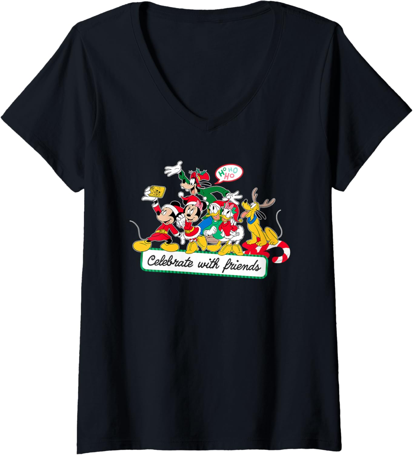 Womens Disney Mickey Mouse & Pals Celebrate with Friends Christmas V-Neck