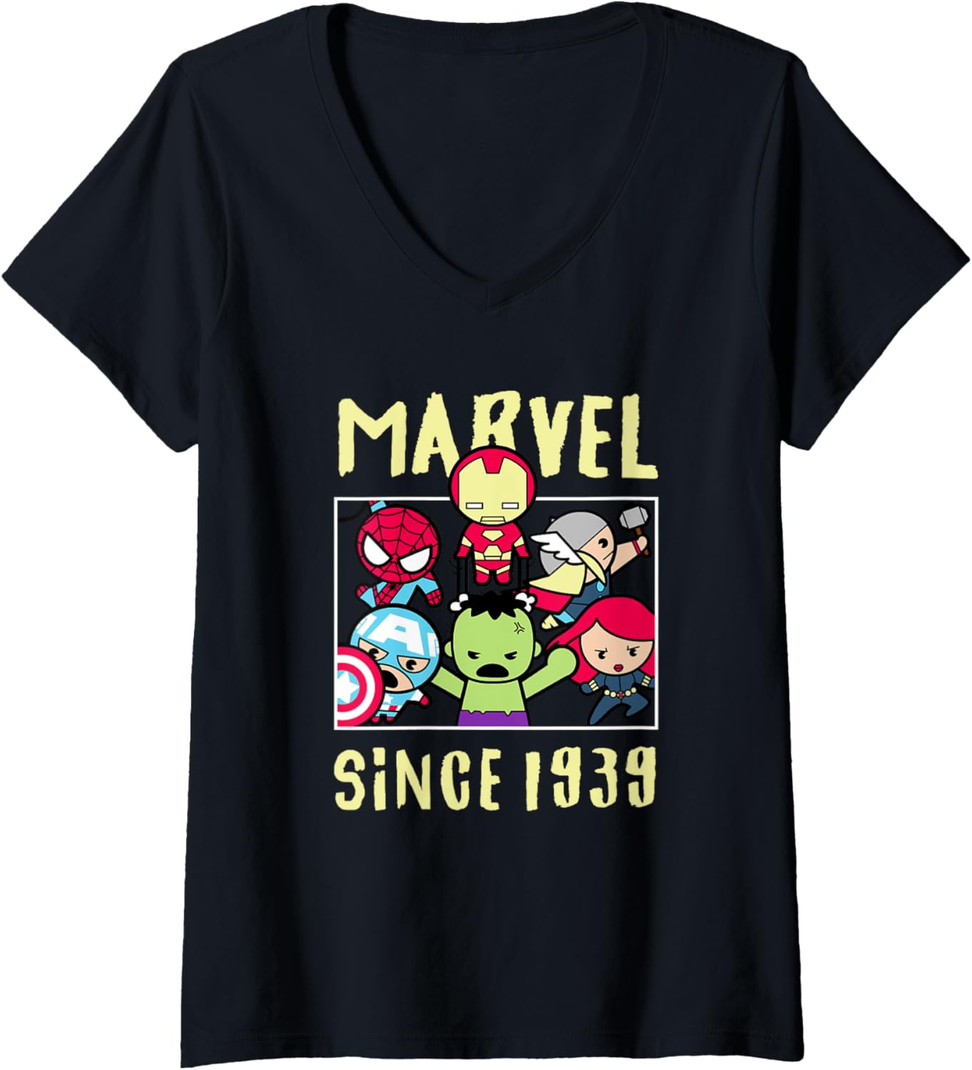 Marvel Comics Retro Classic Avengers Characters Chibi Logo V-Neck