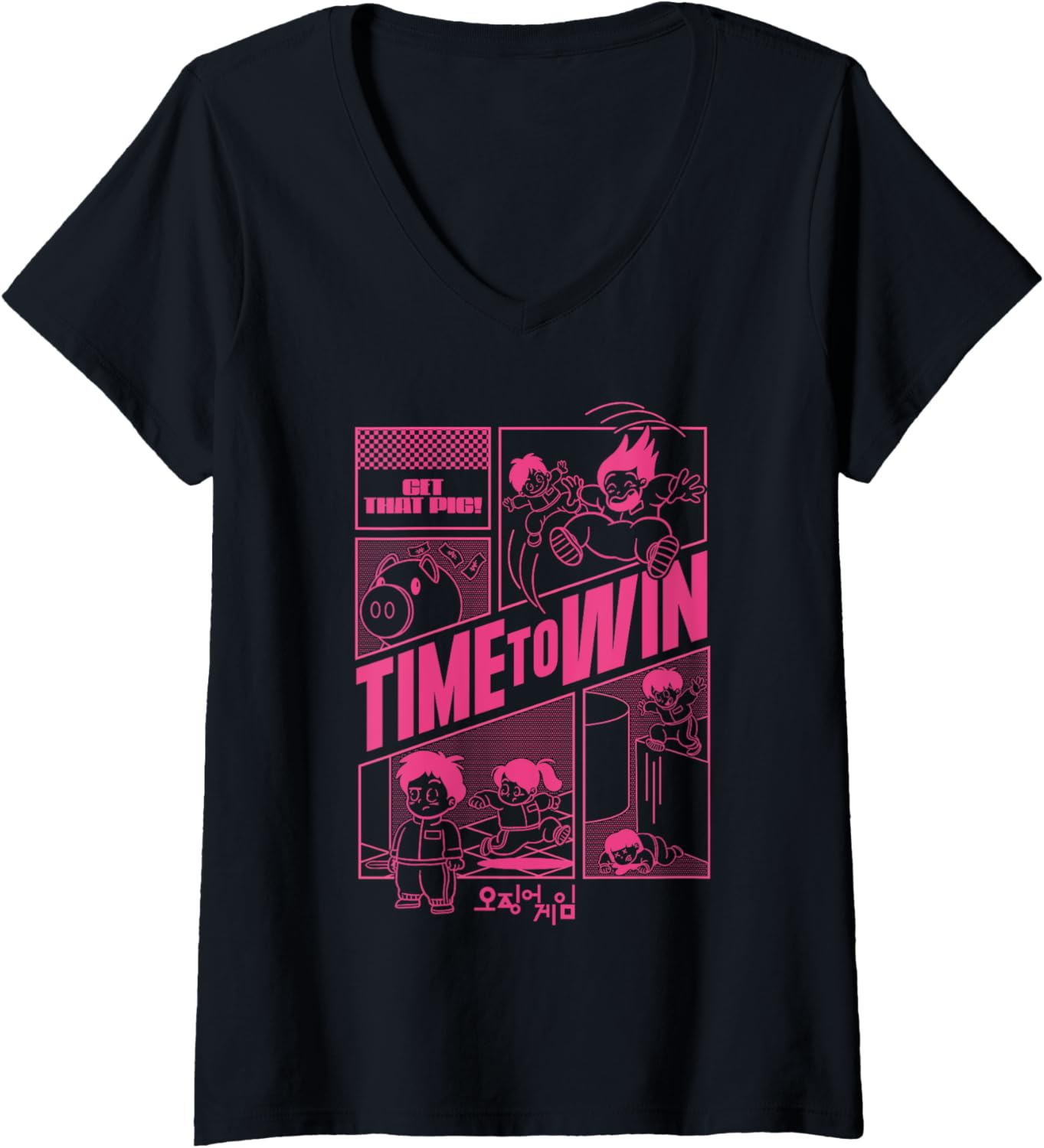 Womens Squid Game Season 3 Time To Win Chibi Characters Outline V-Neck
