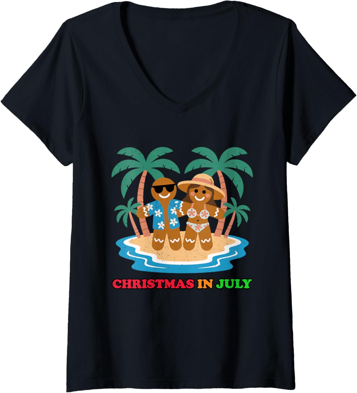 Womens Gingerbread Man Vacation Christmas In July Beach Summer Xmas V-Neck
