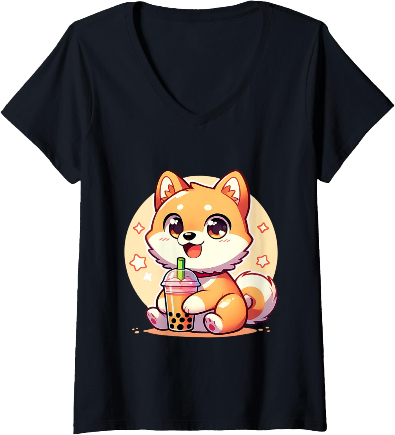 Womens Kawaii Shiba Inu Dog Bubble Tea Anime Chibi V-Neck