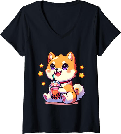 Womens Kawaii Shiba Inu Dog Bubble Tea Anime Chibi V-Neck
