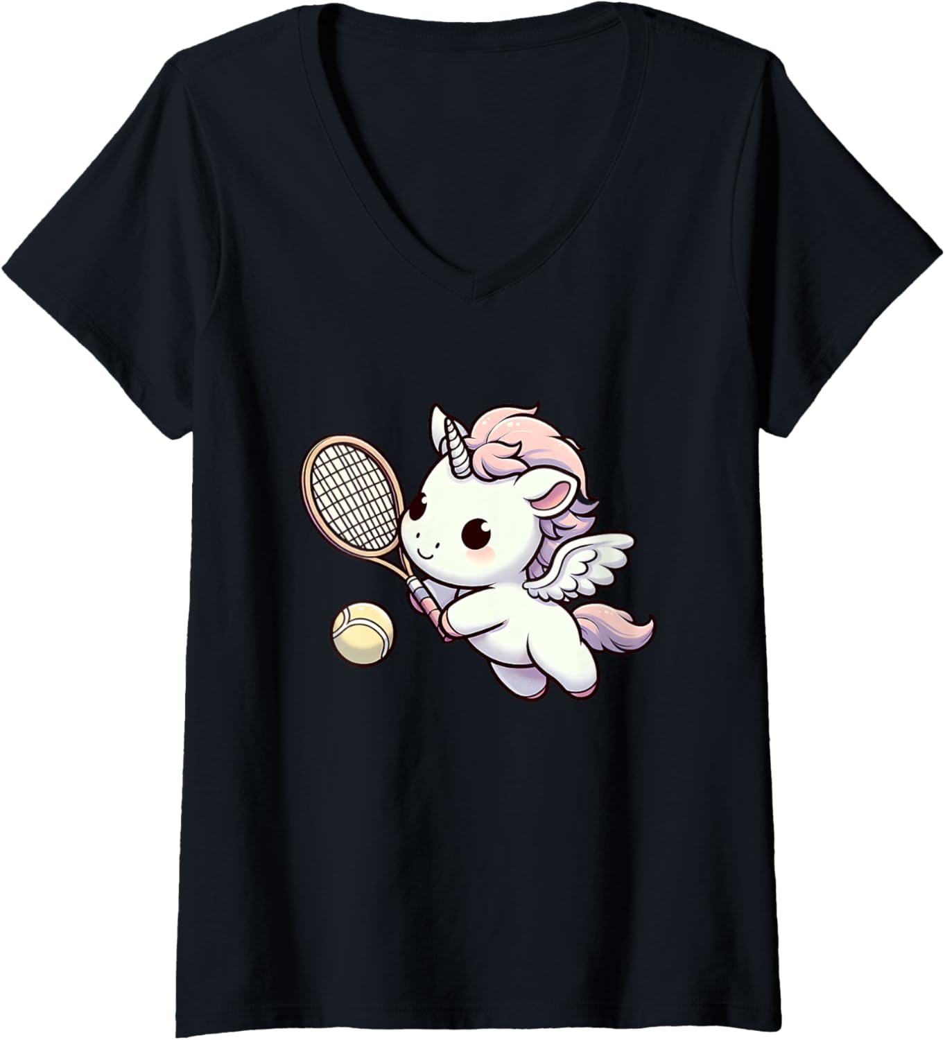 Womens Cute Winged Unicorn Playing Tennis Chibi Pastel V-Neck