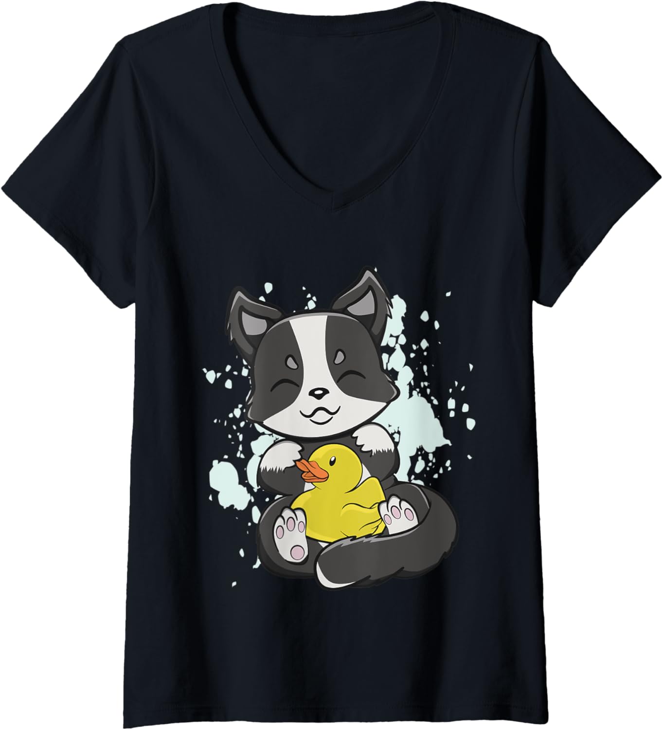 Womens Cute Kawaii Border Collie With Yellow Duck Toy Chibi Otaku V-Neck