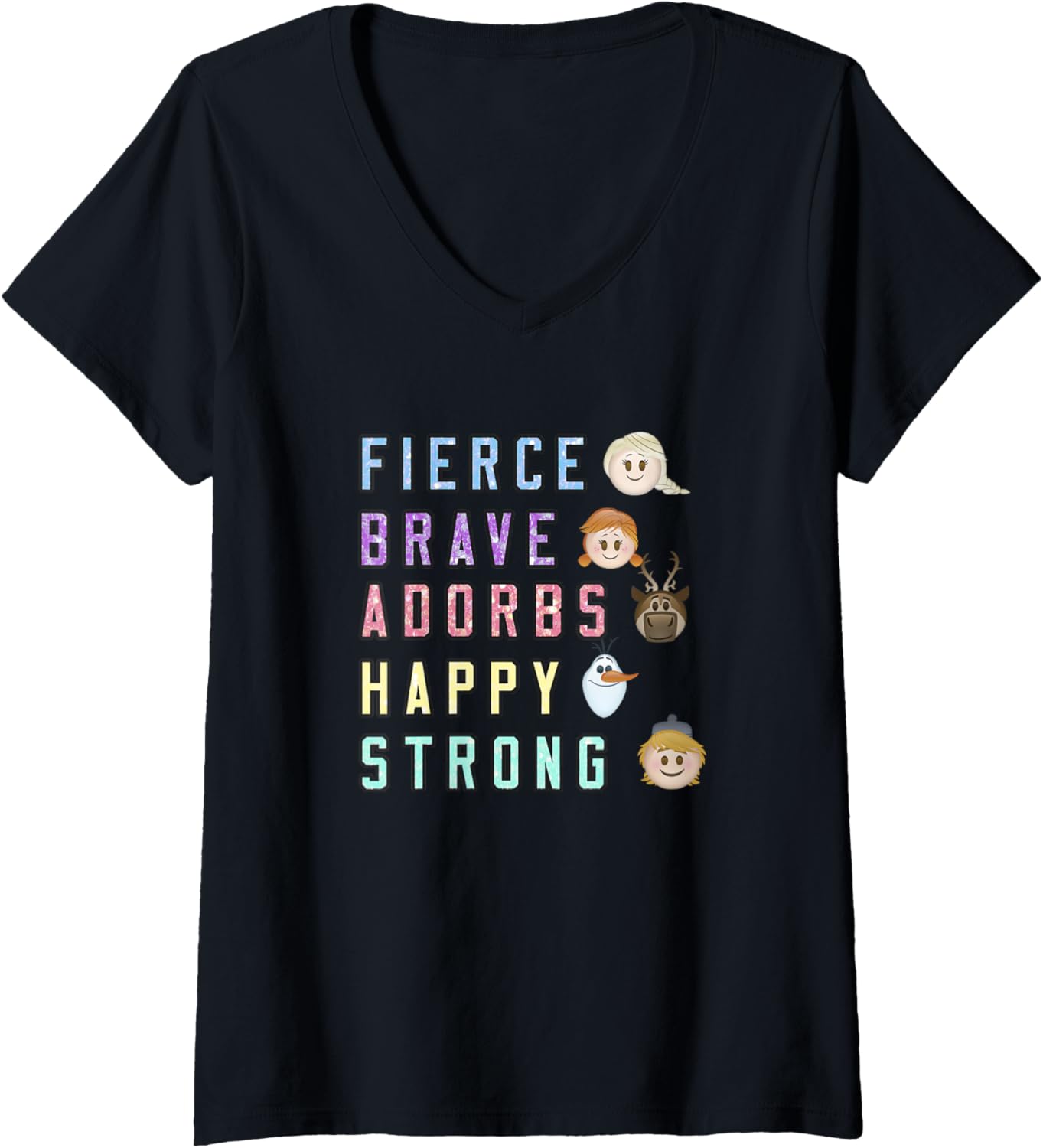 Womens Disney Frozen Fierce Brave Elsa Anna Olaf Chibi Icon Logo V-Neck