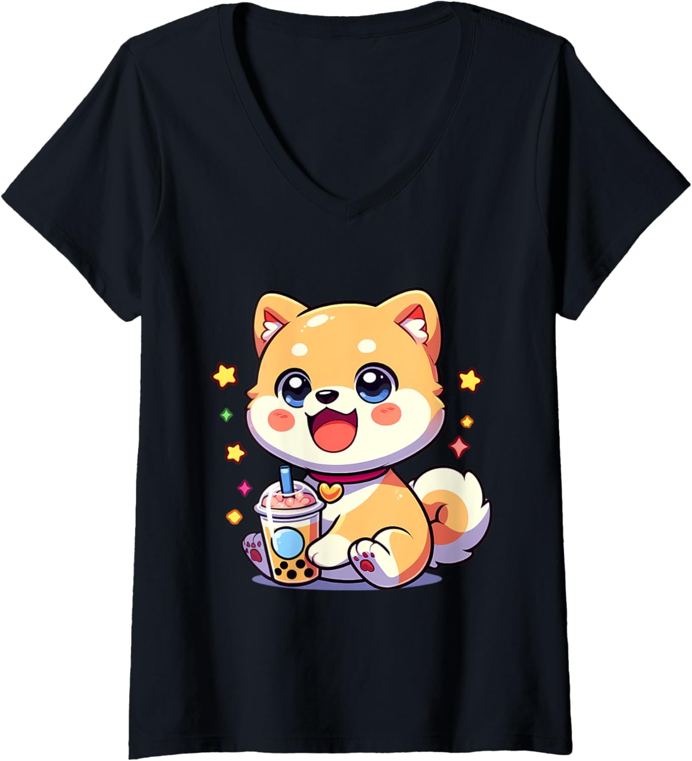 Womens Kawaii Shiba Inu Dog Bubble Tea Anime Chibi V-Neck