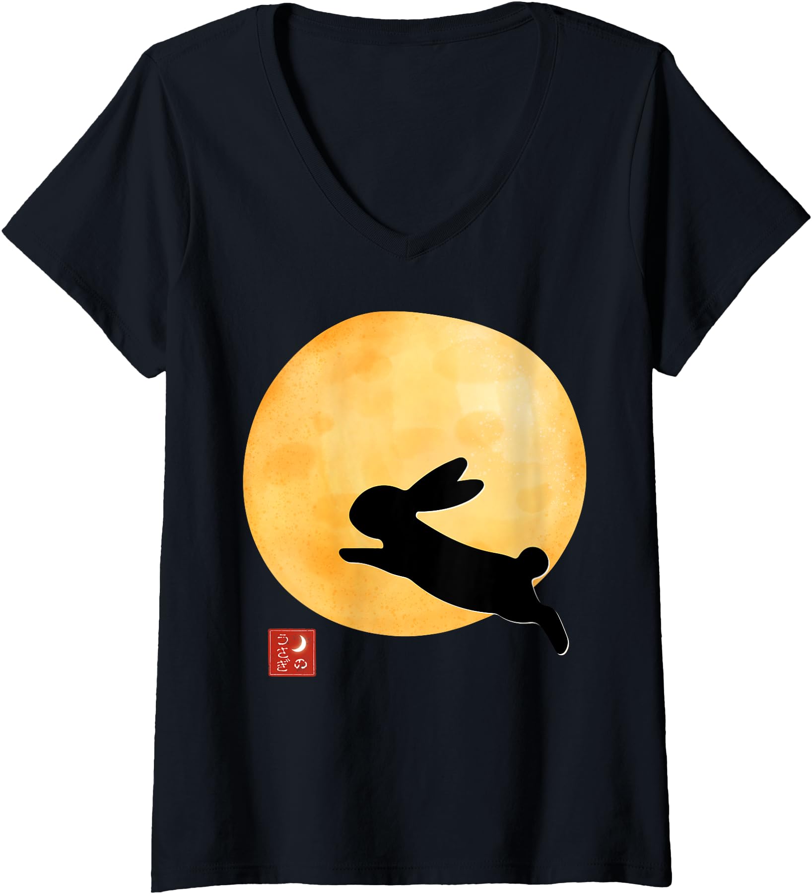 Womens Moonlit Rabbit with Japanese Seal (Inkan) Elegant Moon V-Neck