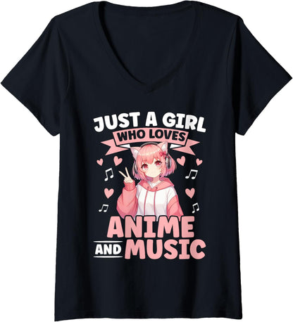 Womens Just a Girl Who Loves Anime and Music Japanese Chibi Teen V-Neck
