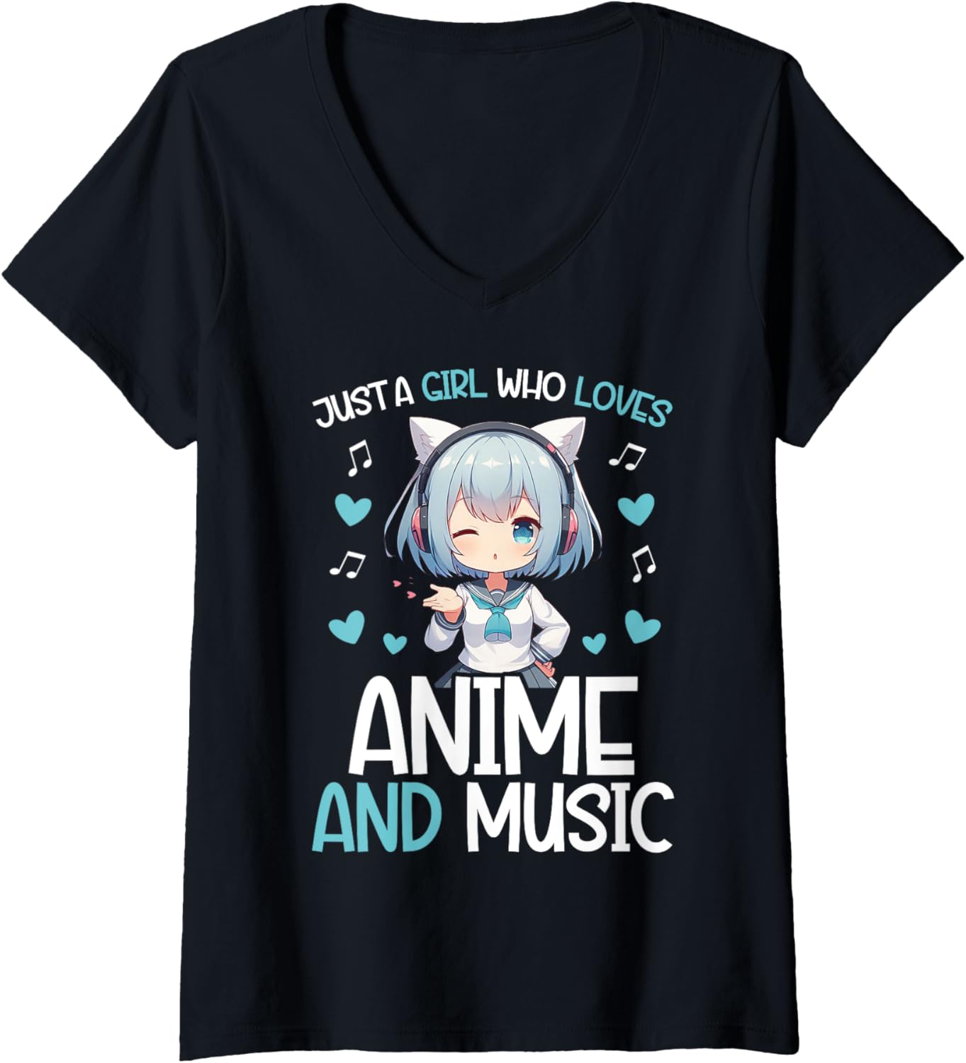 Womens Just a Girl Who Loves Anime and Music Japanese Chibi Teen V-Neck