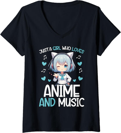 Womens Just a Girl Who Loves Anime and Music Japanese Chibi Teen V-Neck