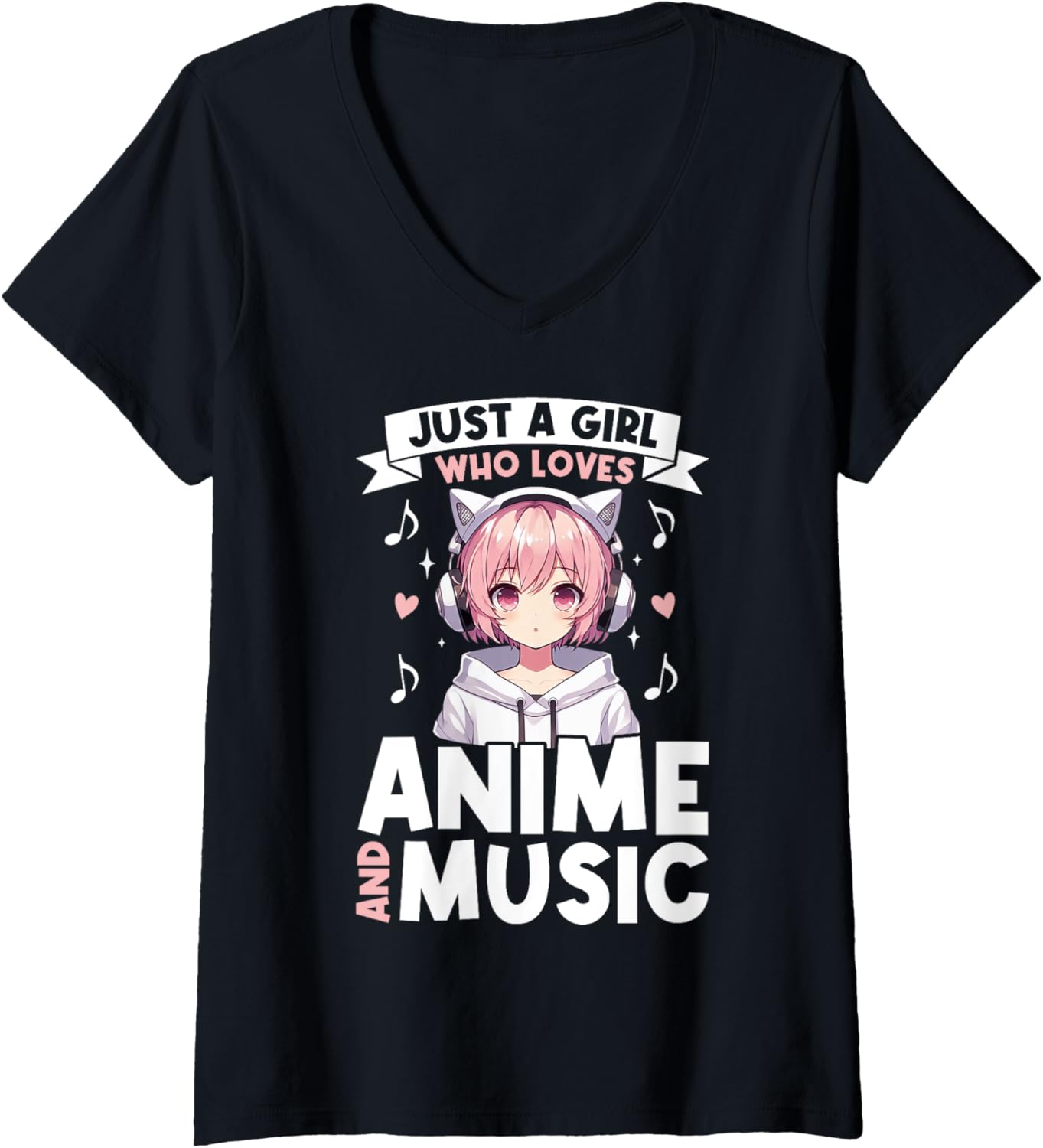 Womens Just a Girl Who Loves Anime and Music Japanese Chibi Teen V-Neck