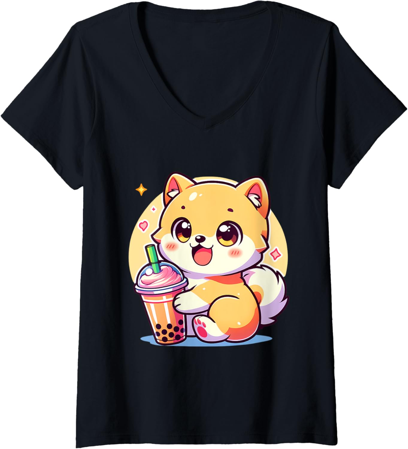 Womens Kawaii Shiba Inu Dog Bubble Tea Anime Chibi V-Neck
