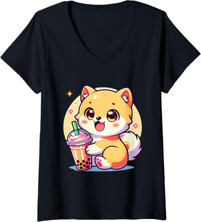 Womens Kawaii Shiba Inu Dog Bubble Tea Anime Chibi V-Neck