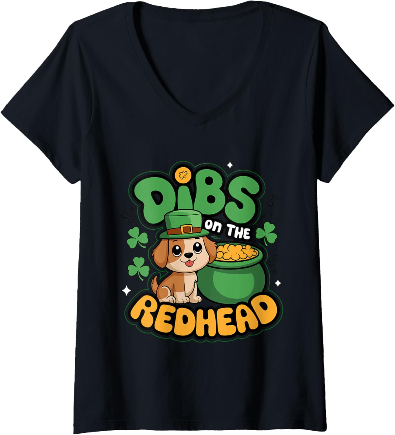 Womens Dibs on the Redhead Cute Saint Patrick's Day Chibi Puppy Dog V-Neck