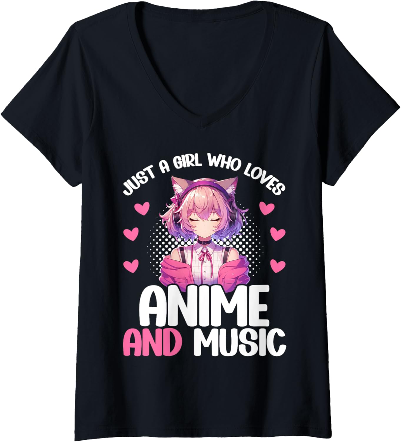 Womens Just a Girl Who Loves Anime and Music Japanese Chibi Teen V-Neck