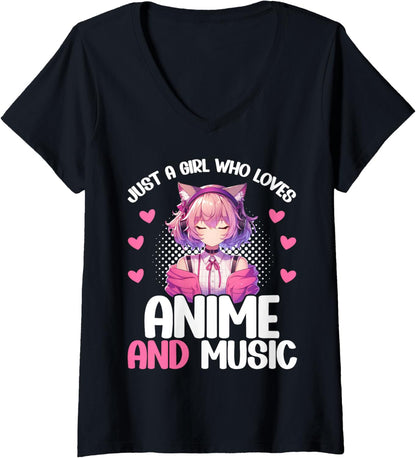 Womens Just a Girl Who Loves Anime and Music Japanese Chibi Teen V-Neck