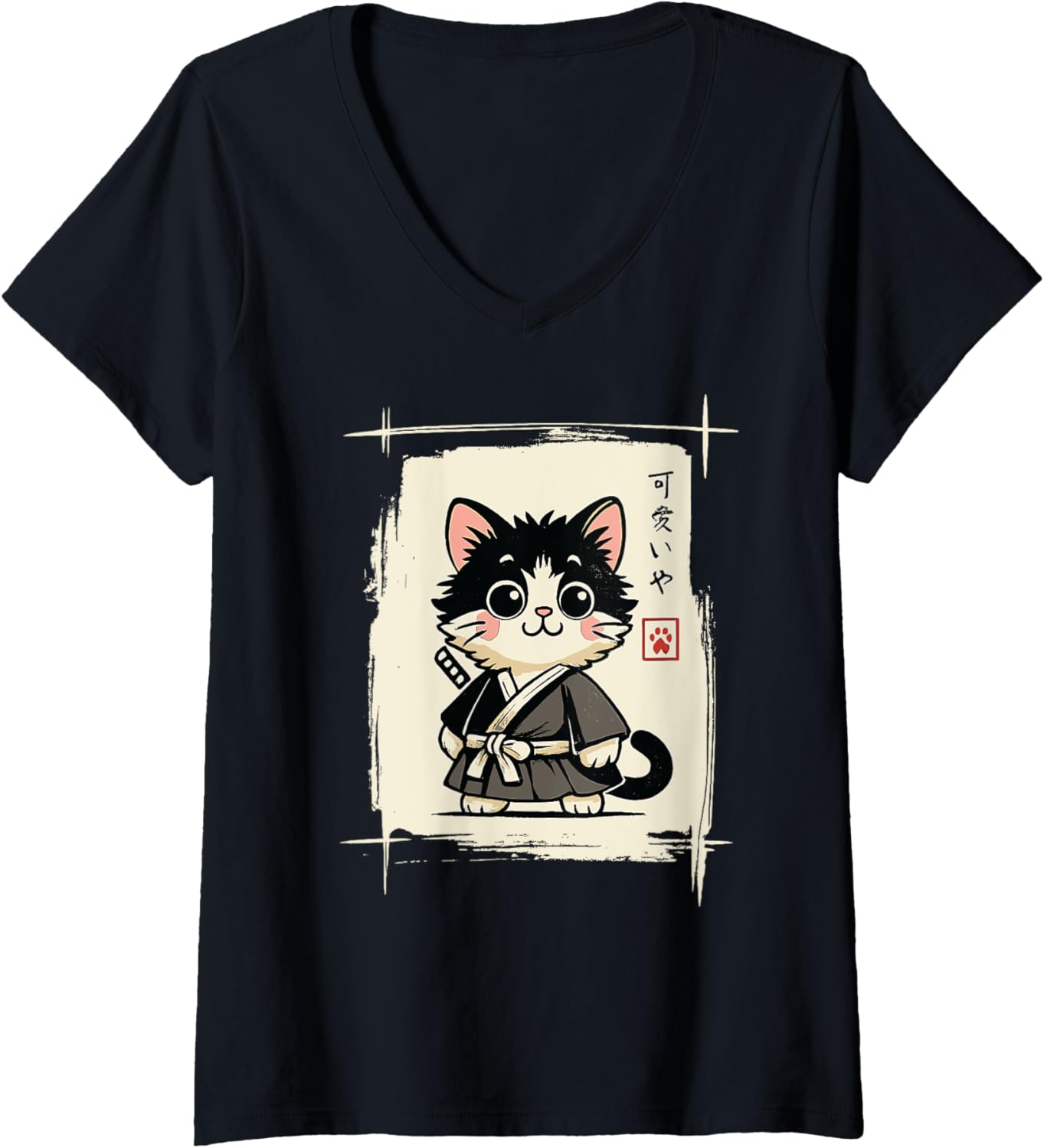 Womens Samurai Cat Kawaii Japanese Art Sumi-e Chibi Funny Cats V-Neck