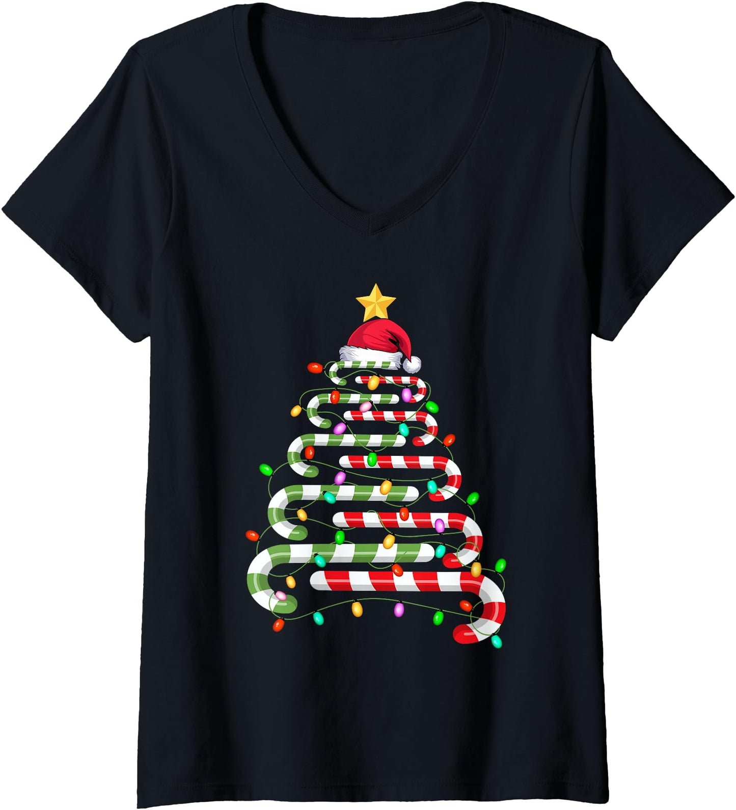 Womens Candy Cane Christmas Tree Lights Men Women Xmas V-Neck