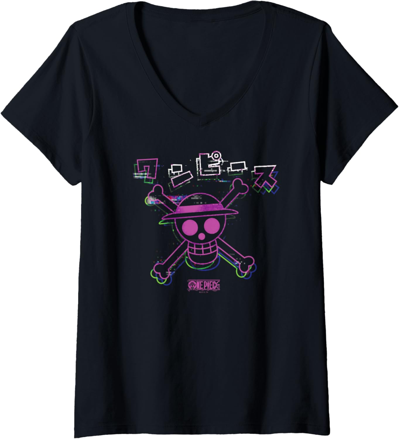 Womens One Piece Anime Colorful Straw Hat Glitch with Kanji V-Neck