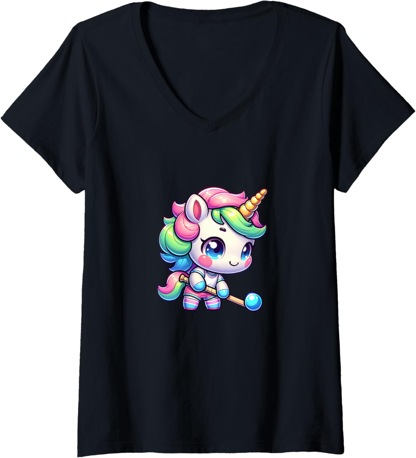 Womens Rainbow Unicorn Hockey Cute Pastel Chibi Magic V-Neck