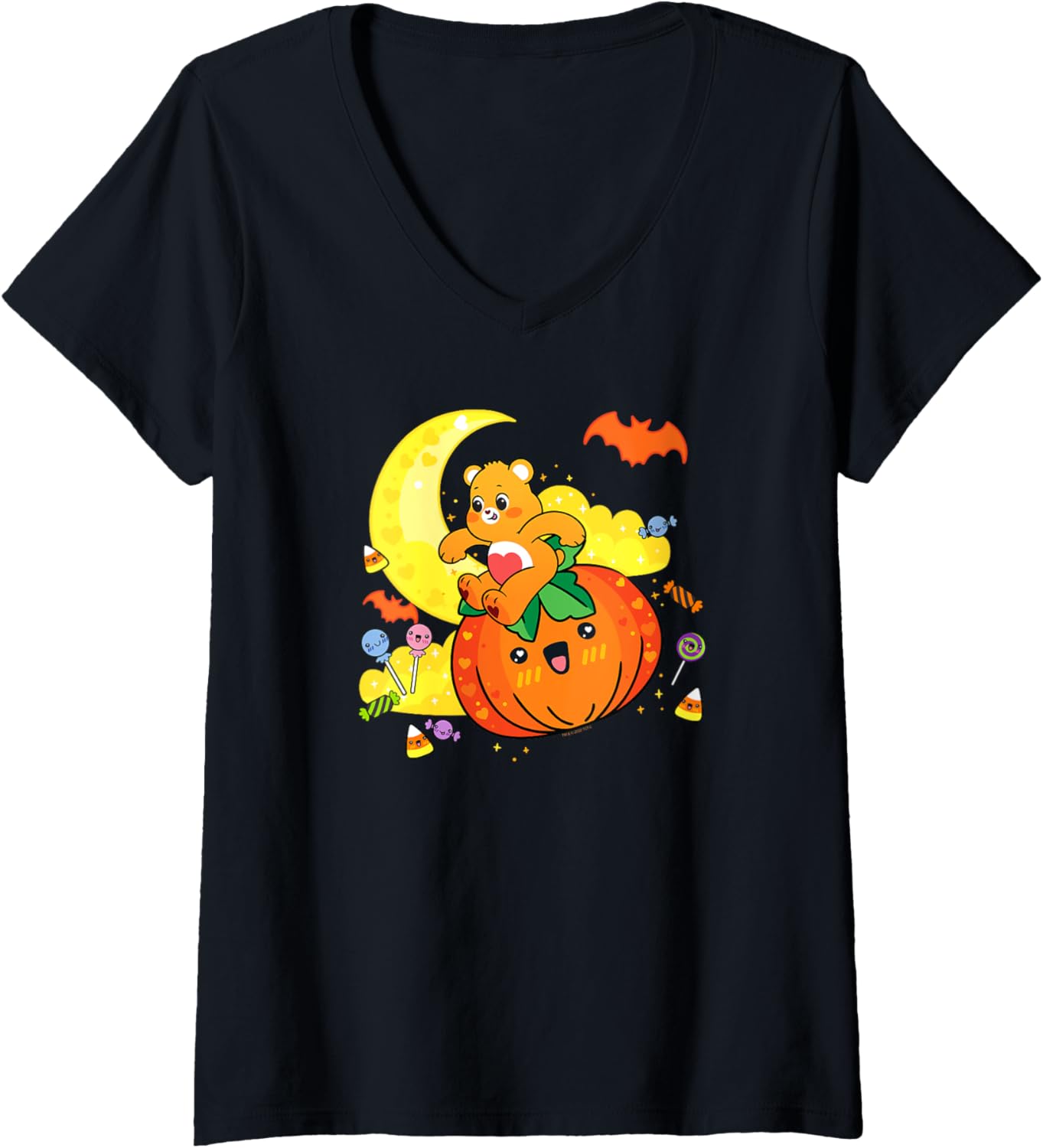 Womens Care Bears Halloween Tenderheart Bear Pumpkin Ride Chibi V-Neck