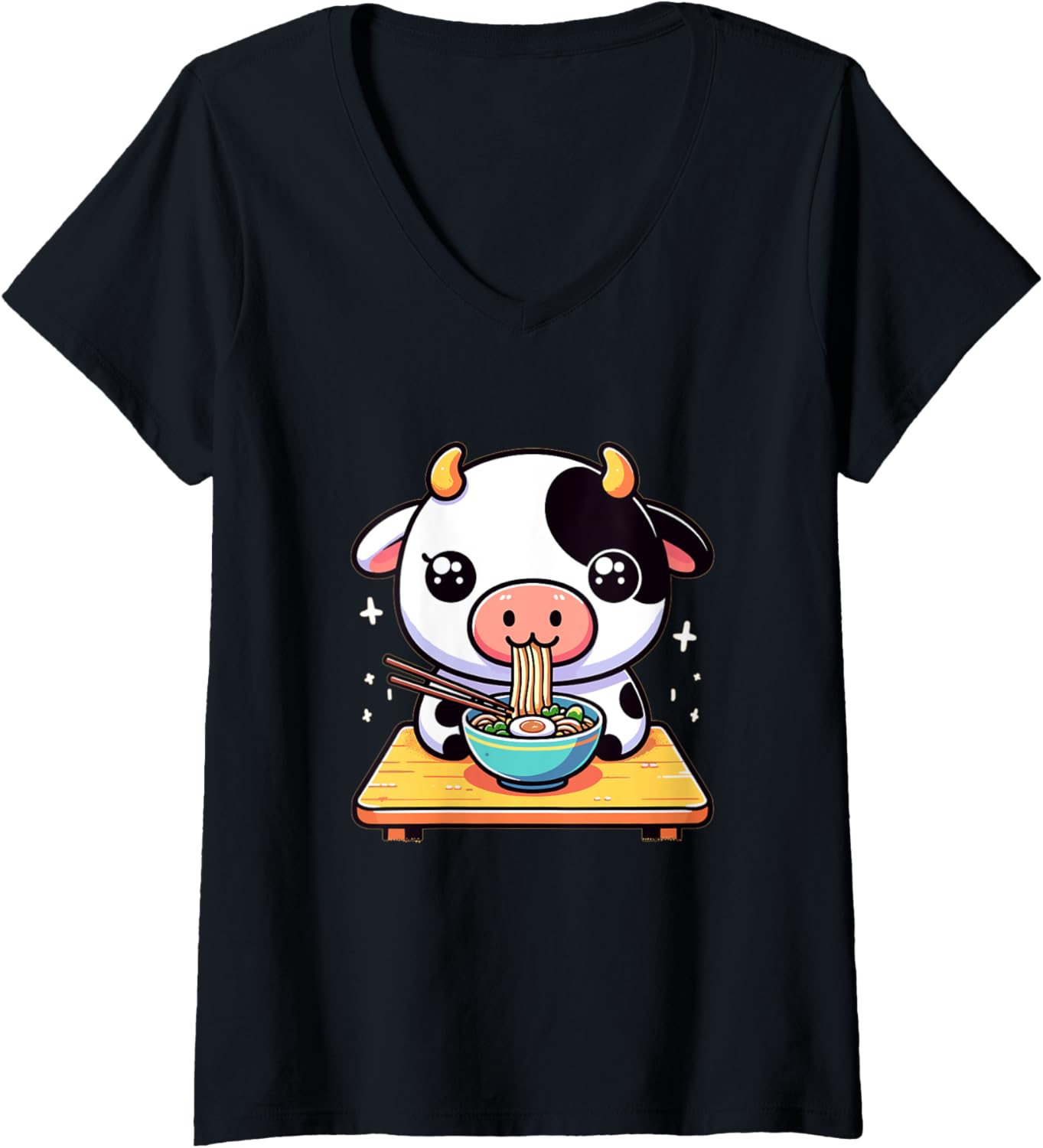 Womens Cute Japanese Kawaii Chibi Cow Eating Ramen V-Neck