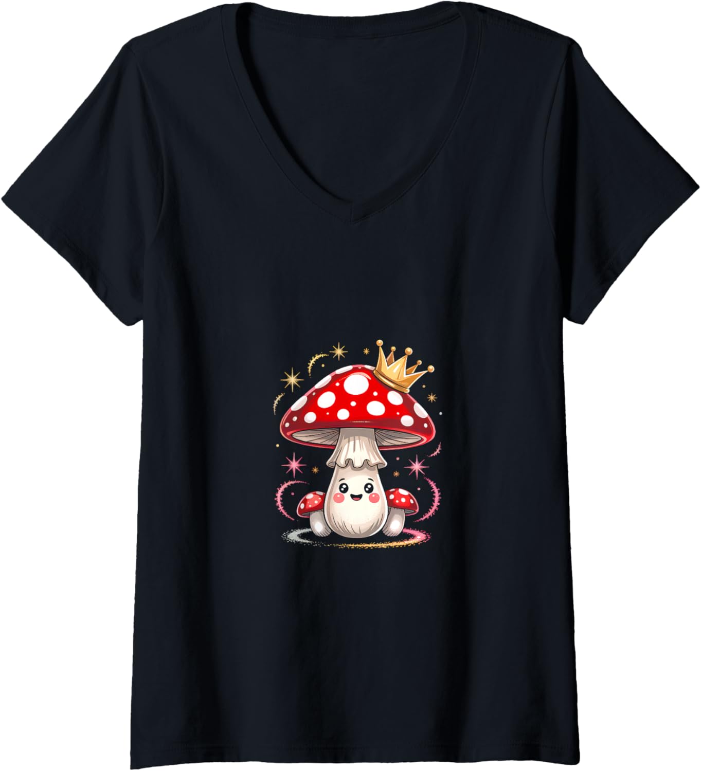 Womens Kawaii Mushroom Cartoon King Chibi Mushroom Fantasy Charm V-Neck