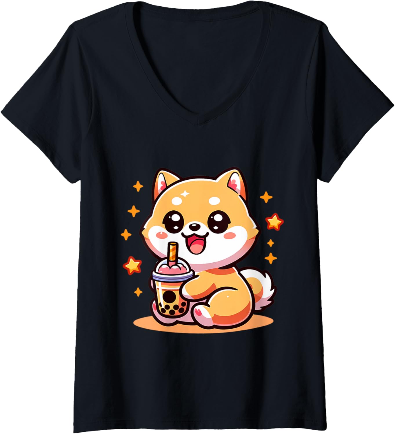 Womens Kawaii Shiba Inu Dog Bubble Tea Anime Chibi V-Neck