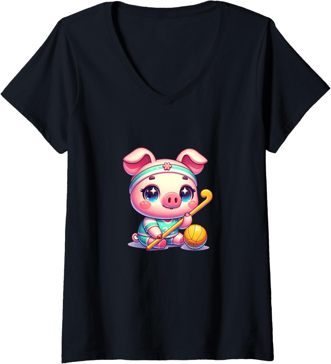 Womens Cute Pig Field Hockey Player Chibi Athlete V-Neck