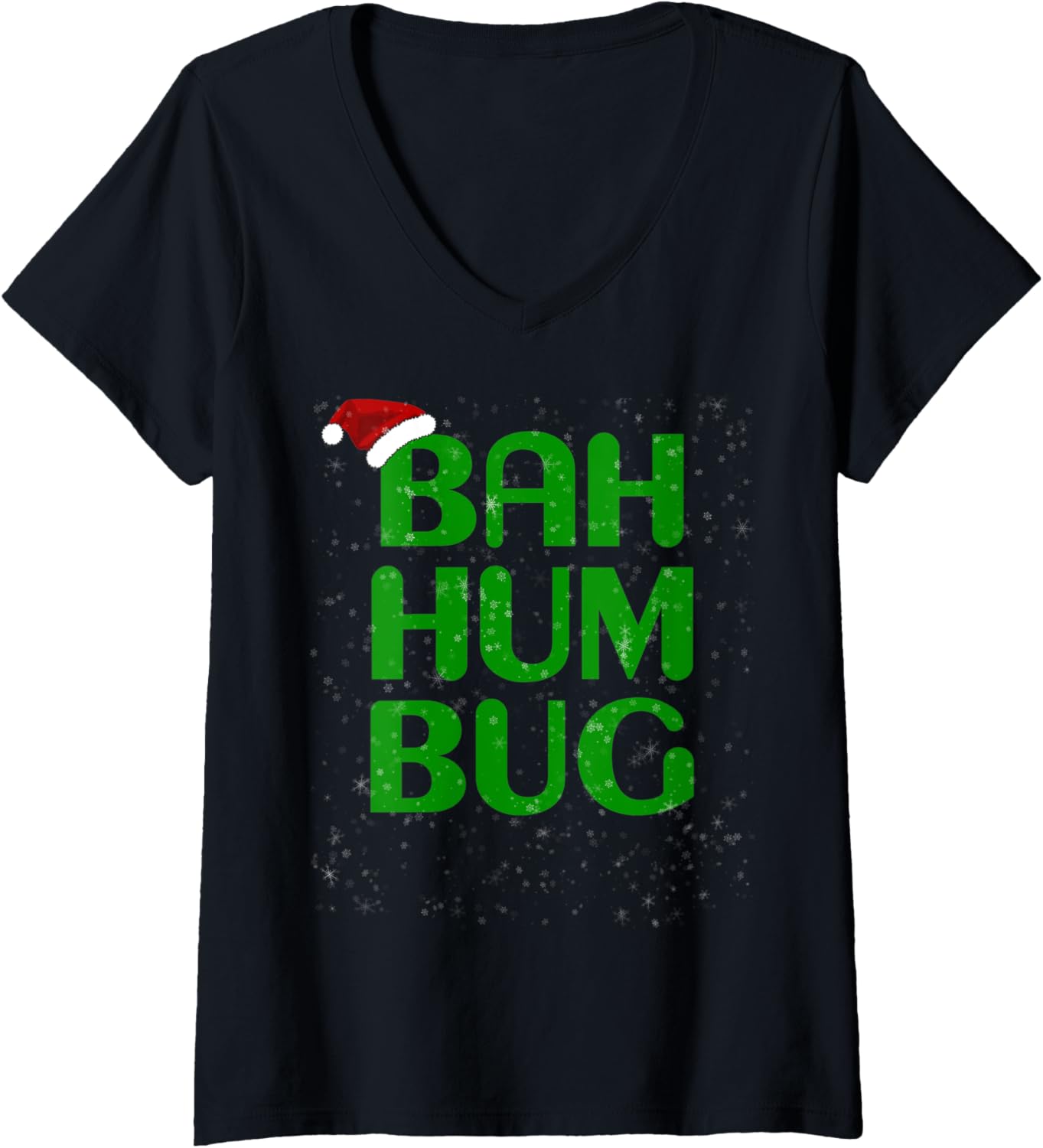 Womens Snowy Christmas Bah Humbug Shirt-Xmas Humbug Santa Hat Tee V-Neck