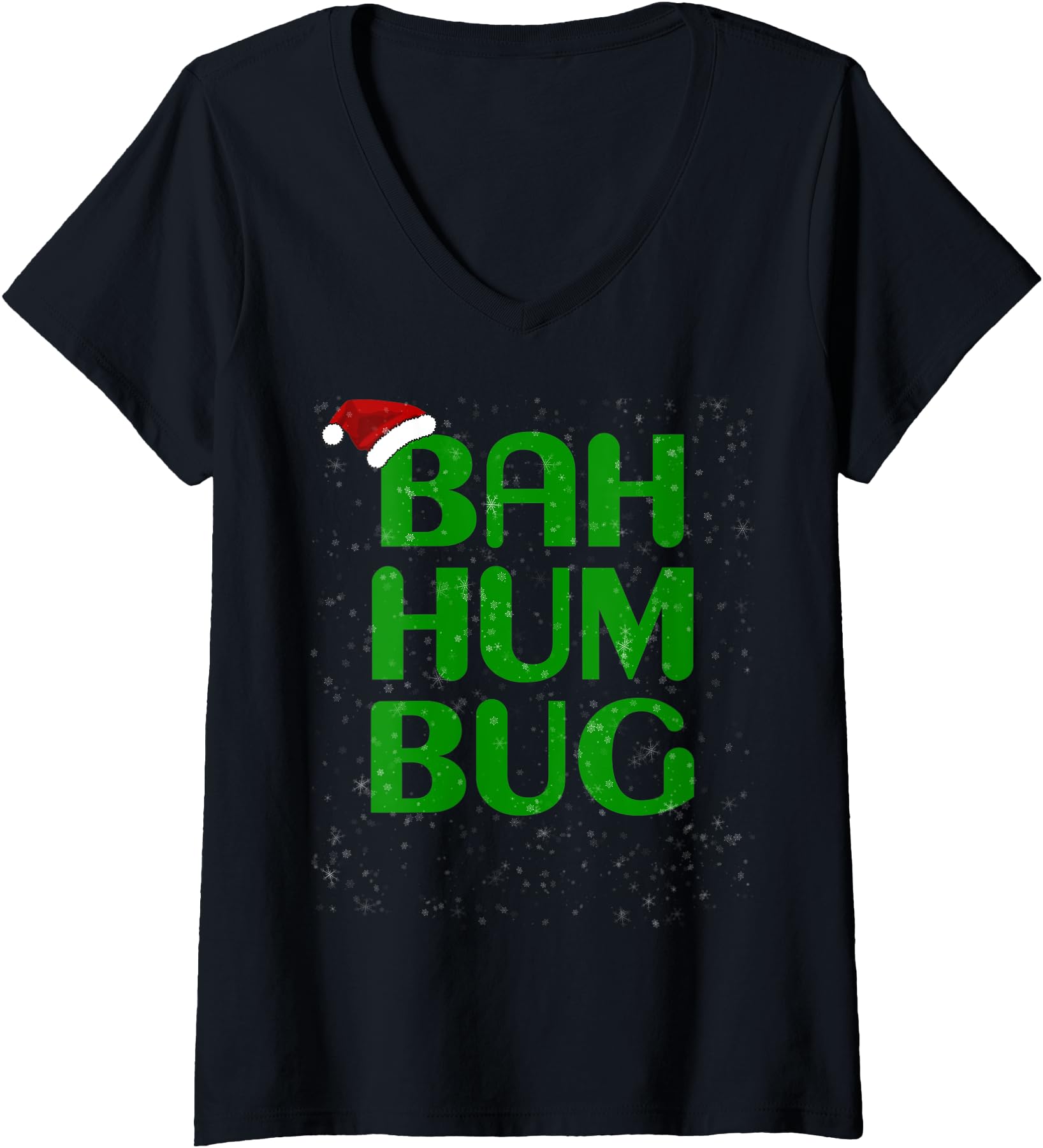 Womens Snowy Christmas Bah Humbug Shirt-Xmas Humbug Santa Hat Tee V-Neck