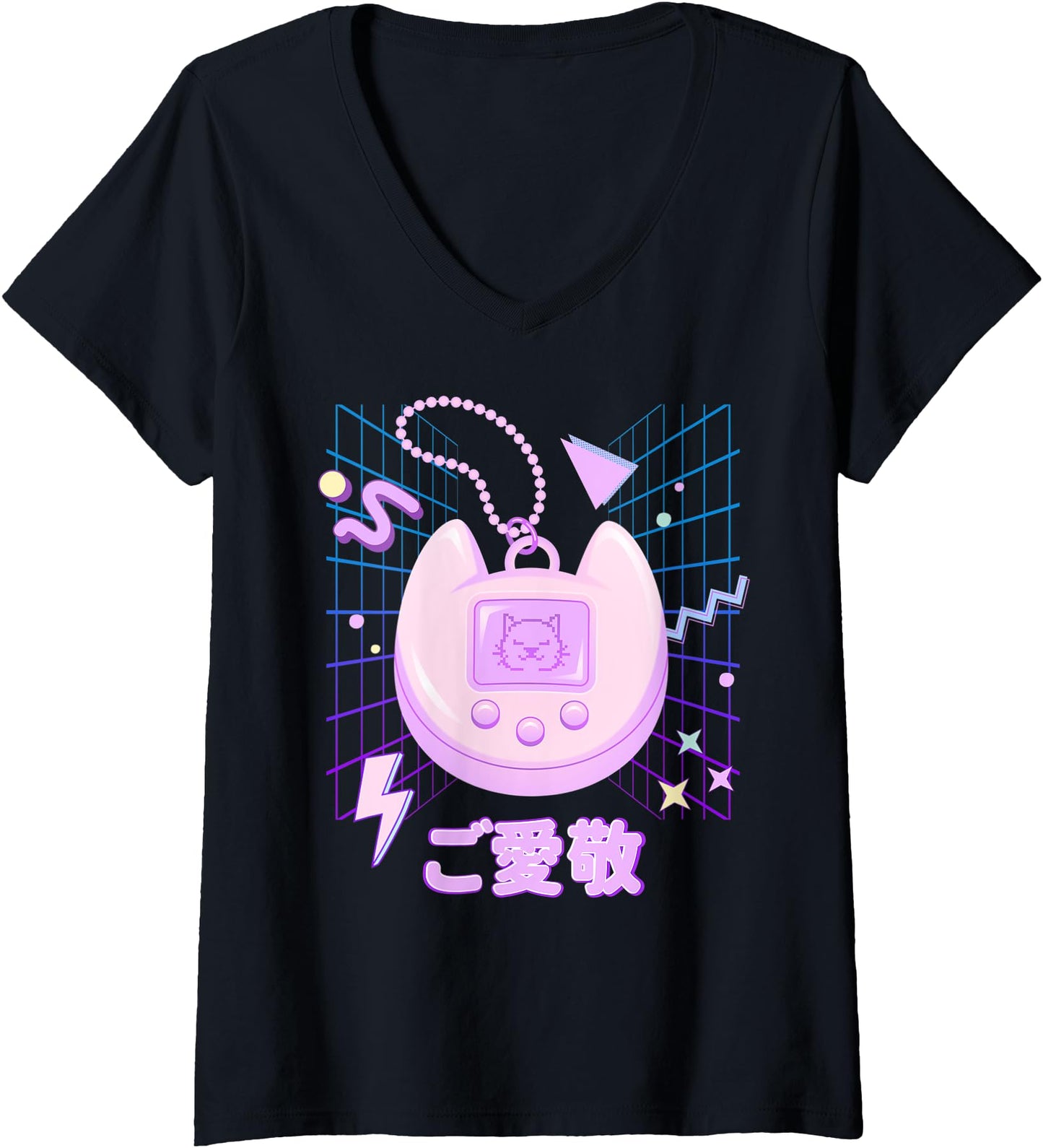 Womens 90s Cute Virtual Pet Japanese 90s Game Pastel V-Neck