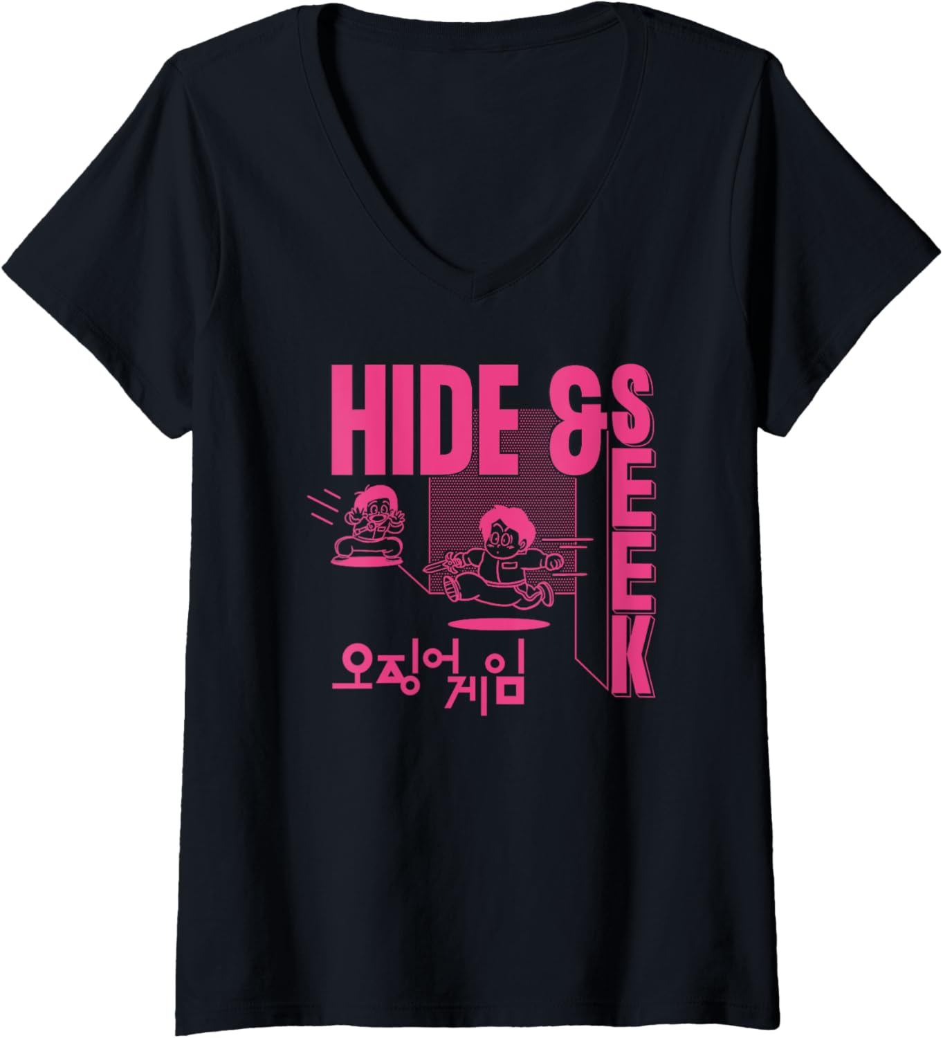 Womens Squid Game Season 3 Hide And Seek Chibi Characters Outline V-Neck