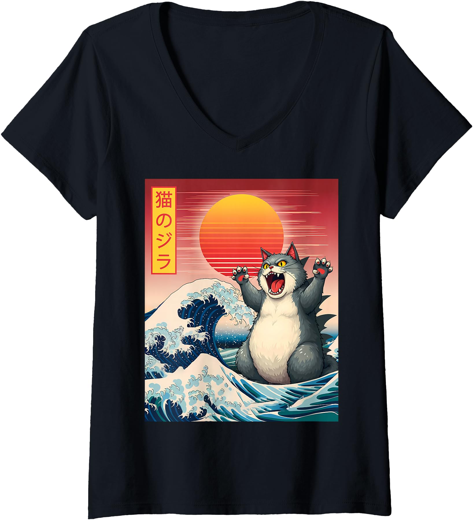 Womens Catzilla Funny Giant Cat Monster Kaiju Japanese Art Neko V-Neck