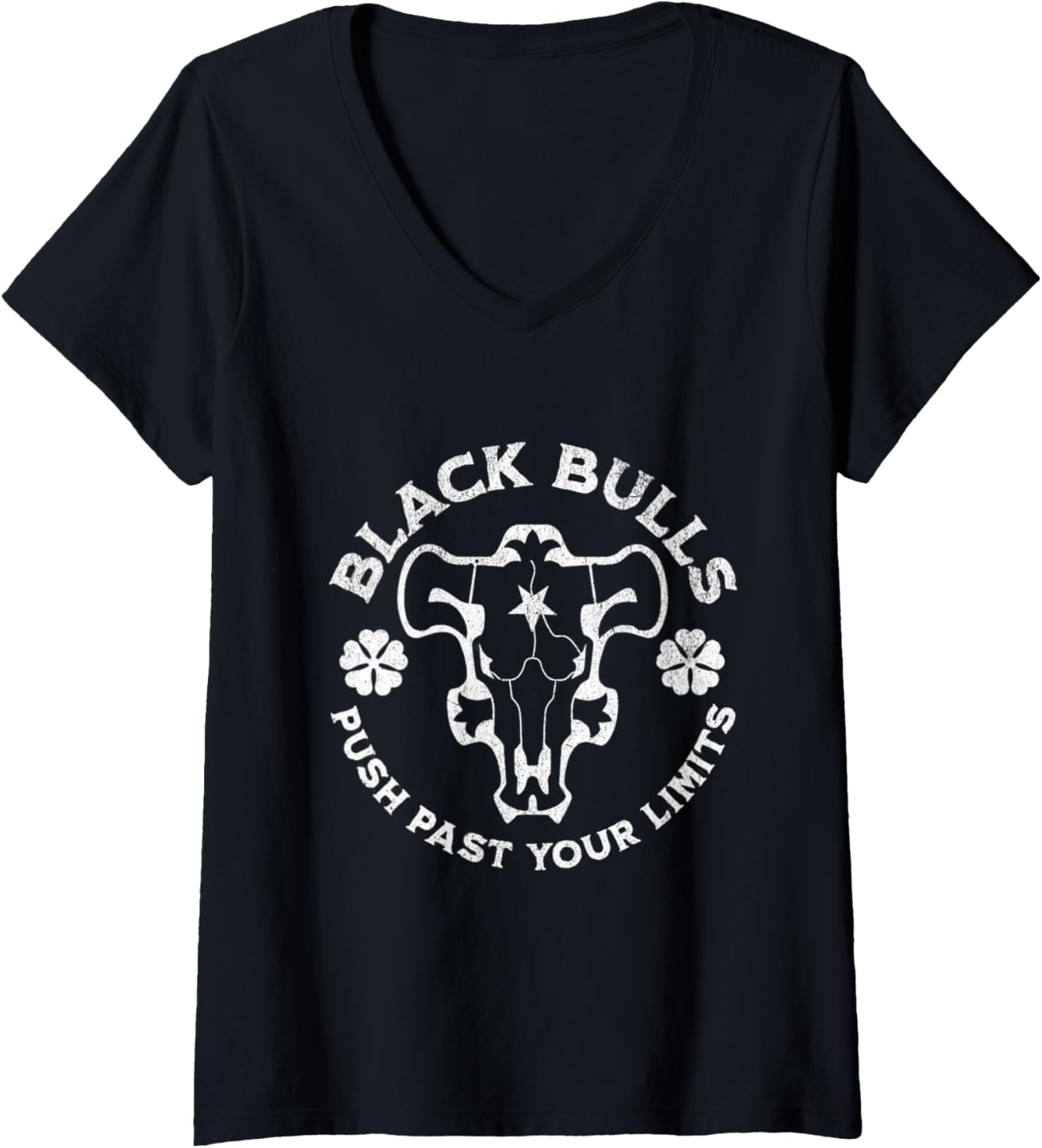 Womens Distressed Black Anime Clover Black Bulls Limits V-Neck